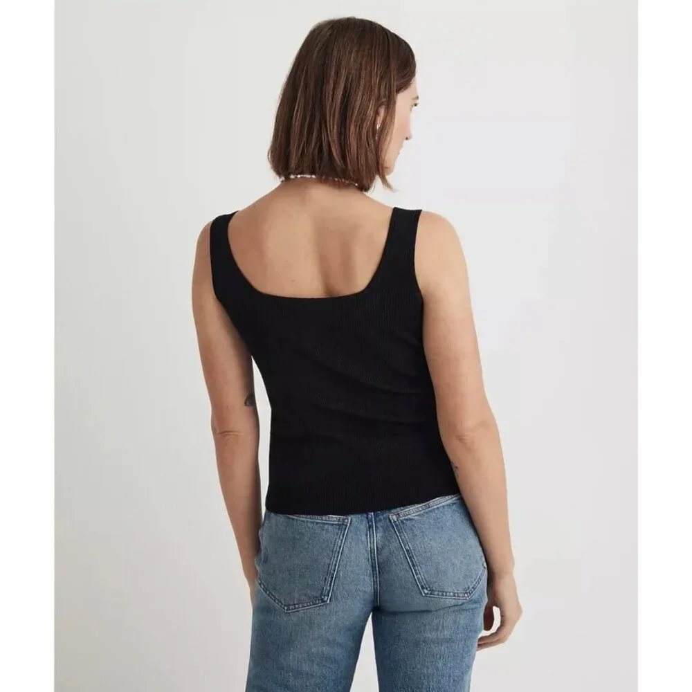 Madewell Square Neck Ribbed Tank Top Black XL Viscose Knit NWT Minimalist - Picture 4 of 10